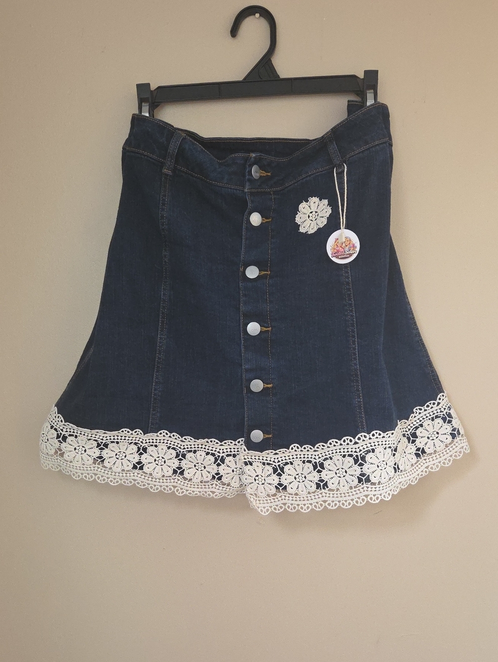 Dark Blue Denim Button-Front Skirt with White Lace Trim